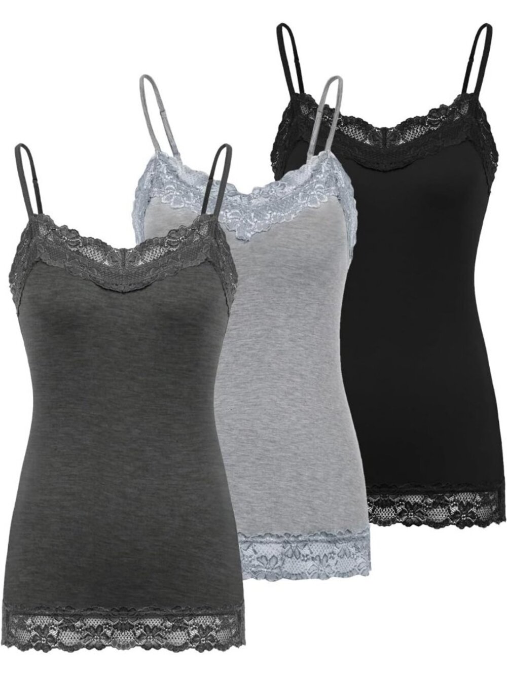 Adjustable Spaghetti Strap Lace Trim Cami Tunic Tank Top - 3 Pack for Women